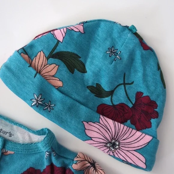 Carter's Infant (3M)  2 Pc. Turquoise Floral Onesie/Footie & Cap - Picture 4 of 6